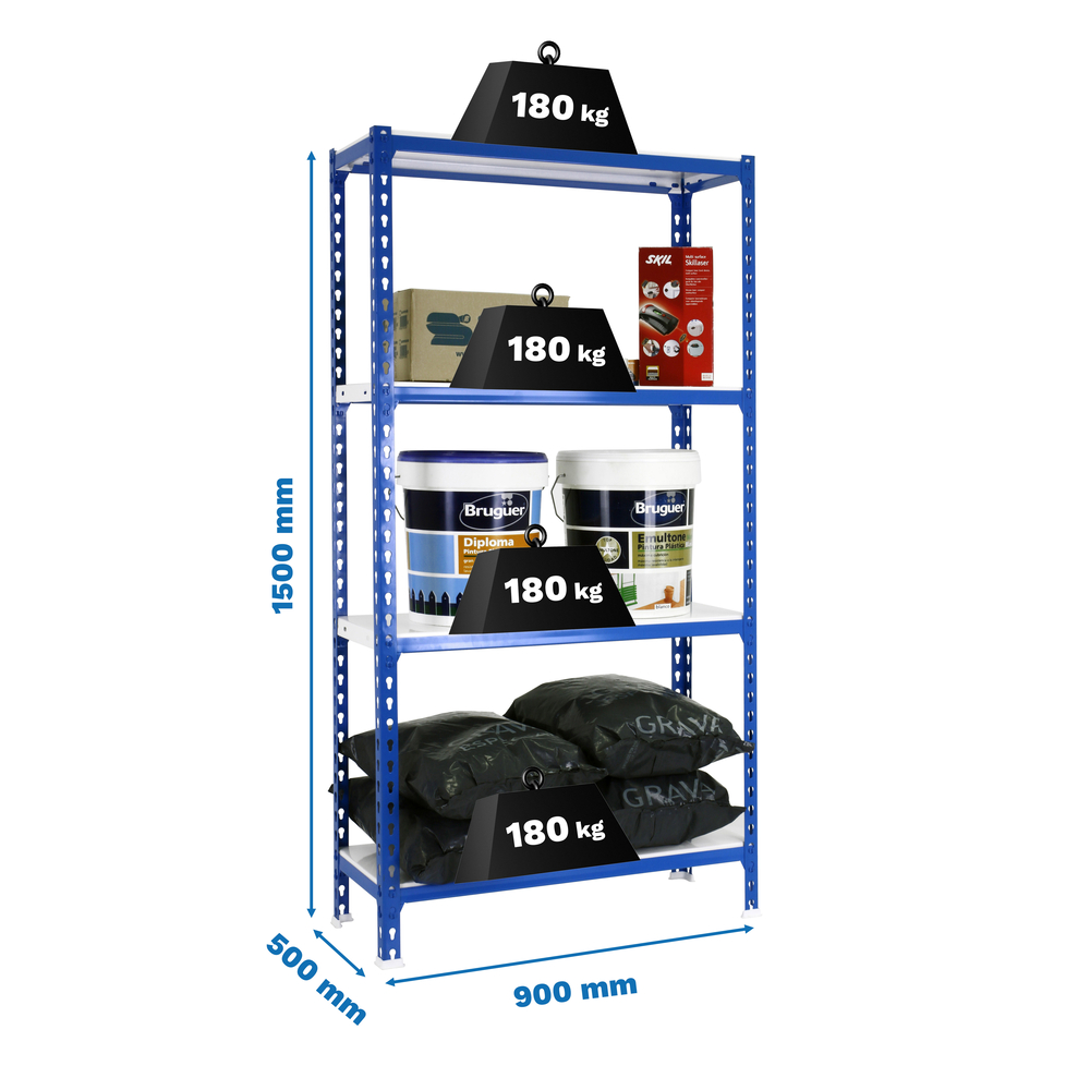 Rayonnage métallique léger sans vis 1500x900x500 - 4 niveaux Bleu/Blanc - SIMON RACK - 8435104960738
