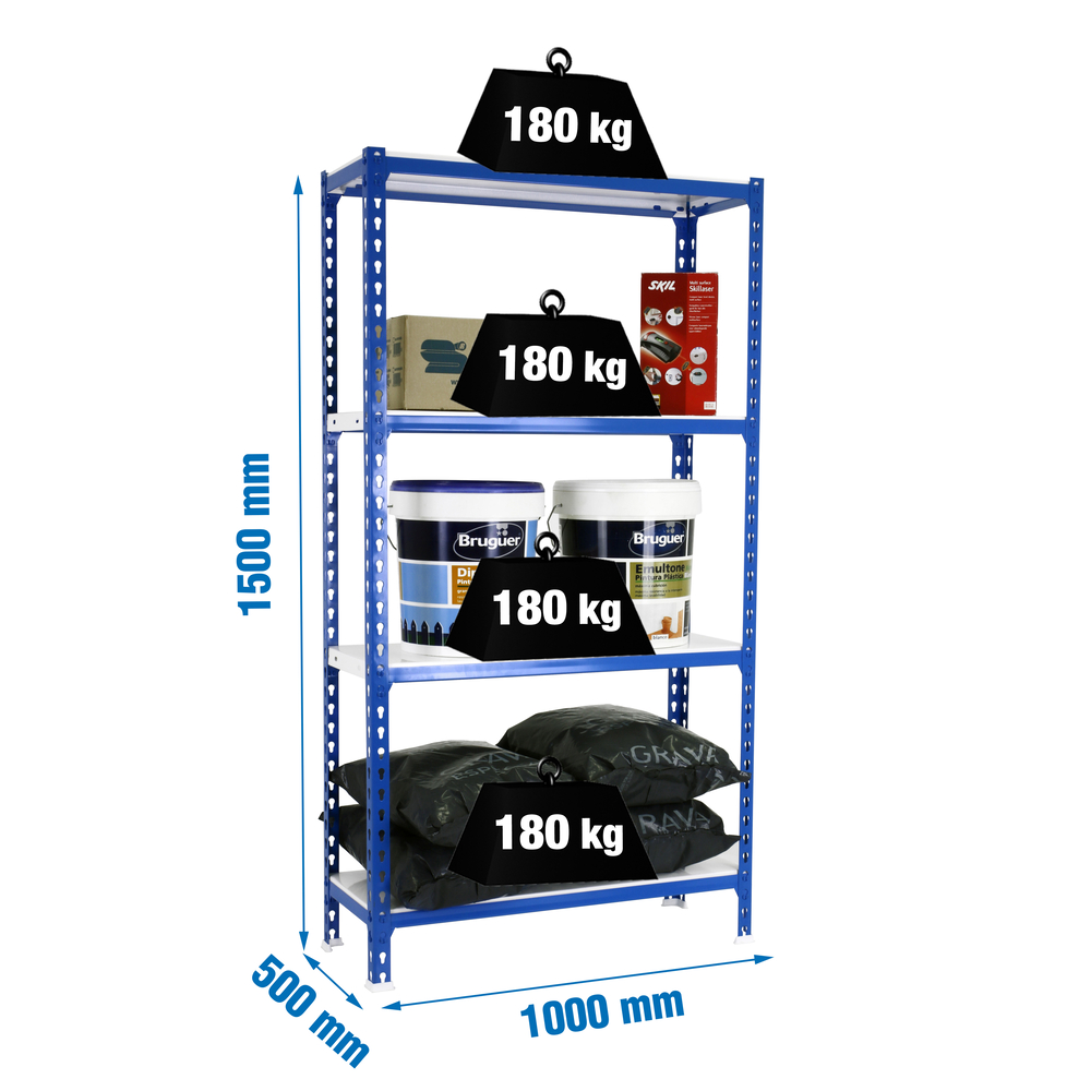 Rayonnage métallique léger sans vis 1500x1000x500 - 4 niveaux Bleu/Blanc - SIMON RACK - 8435104960776