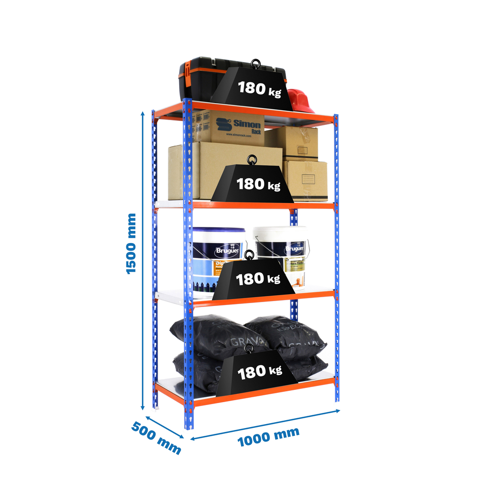 Rayonnage métallique léger sans vis 1500x1000x500 - 4 niveaux Bleu/Orange - SIMON RACK - 8435104960783