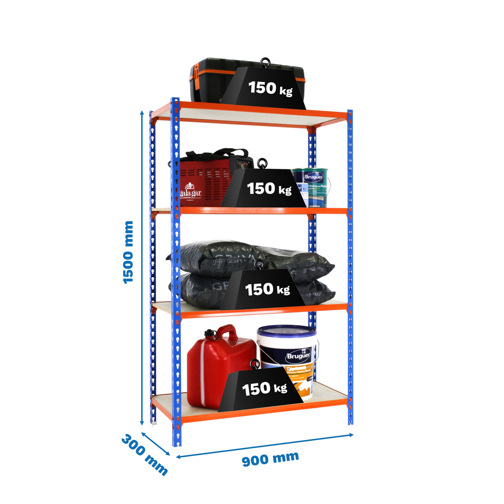 Rayonnage bois-métal léger sans vis 1500x900x300 - 4 niveaux Bleu/Orange/Bois - SIMON RACK - 8435104960912