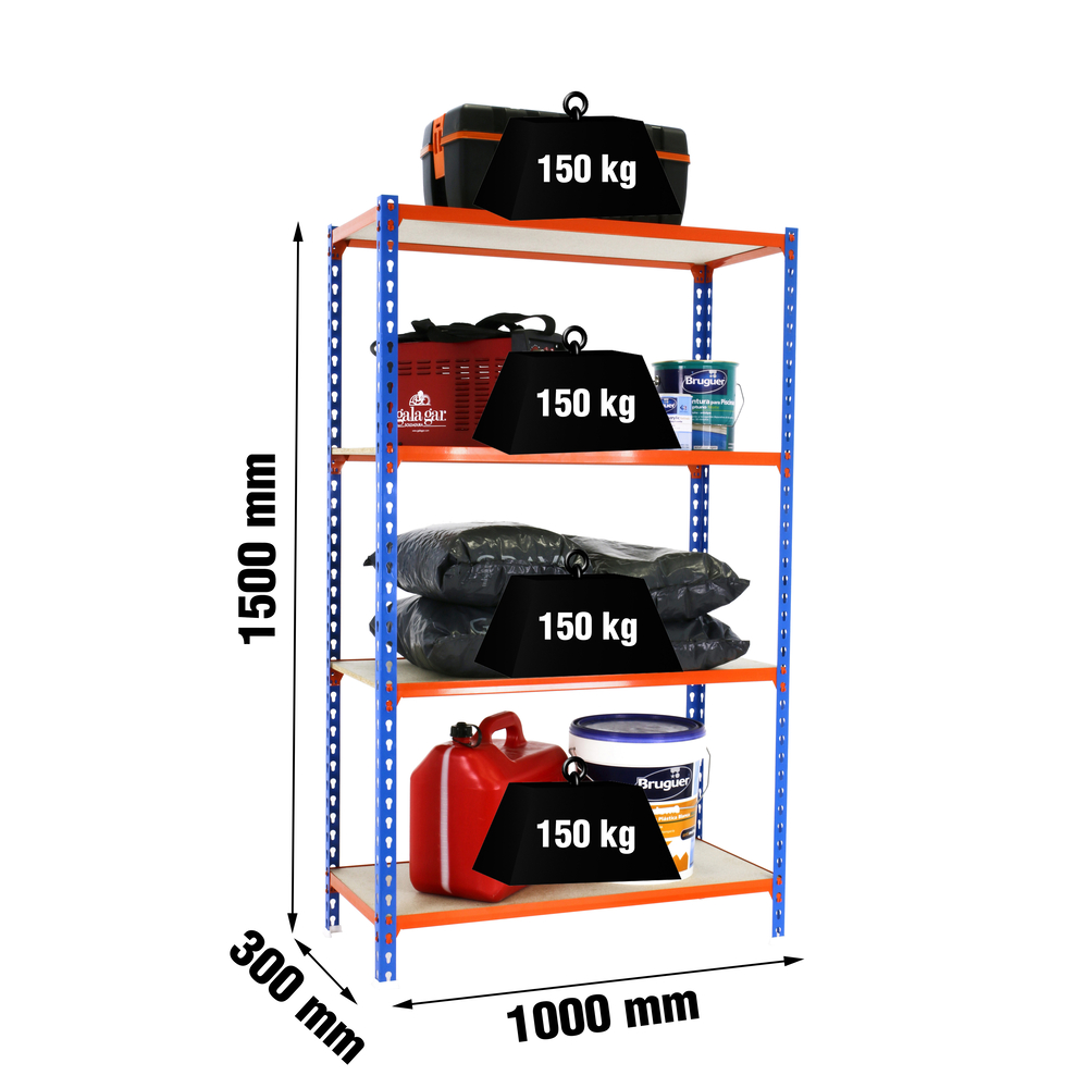 Rayonnage bois-métal léger sans vis 1500x1000x300 - 4 niveaux Bleu/Orange/Bois - SIMON RACK - 8435104960950