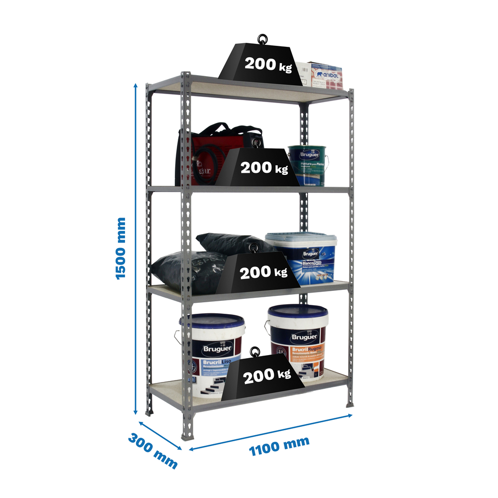 Rayonnage bois-métal léger sans vis 1500x1100x300 - 4 niveaux Gris/Bois - SIMON RACK - 8435104960974