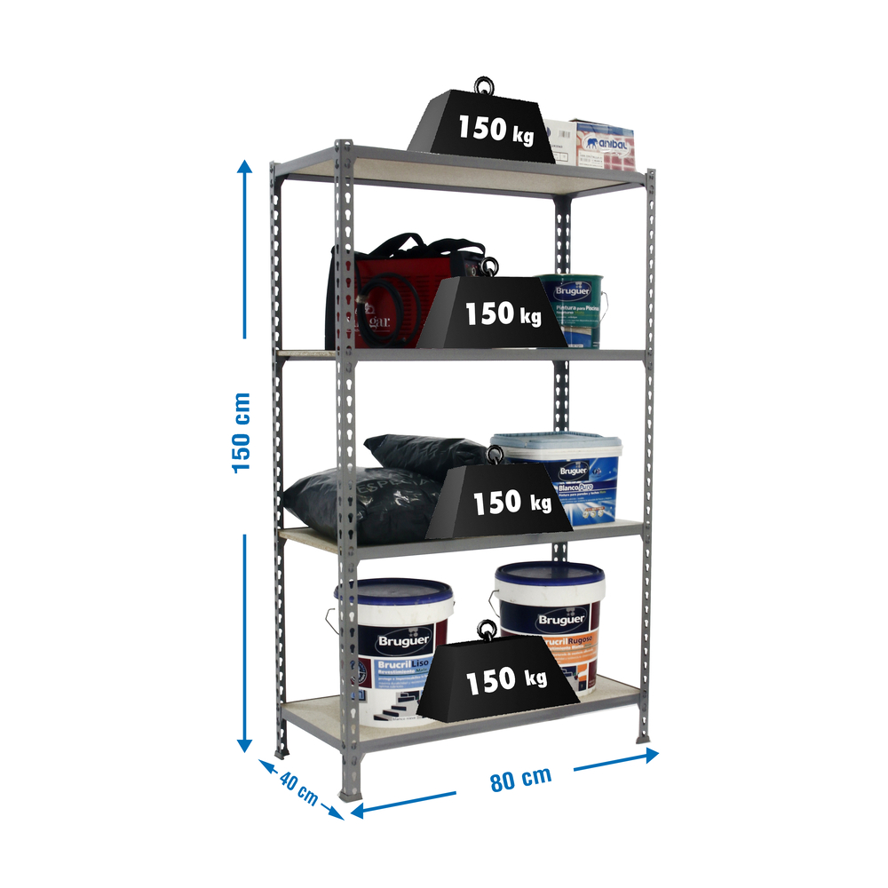 Rayonnage bois-métal léger sans vis 1500x800x400 - 4 niveaux Gris/Bois - SIMON RACK - 8435104961018