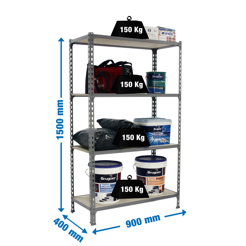 Rayonnage bois-métal léger sans vis 1500x900x400 - 4 niveaux Gris/Bois - SIMON RACK - 8435104961056