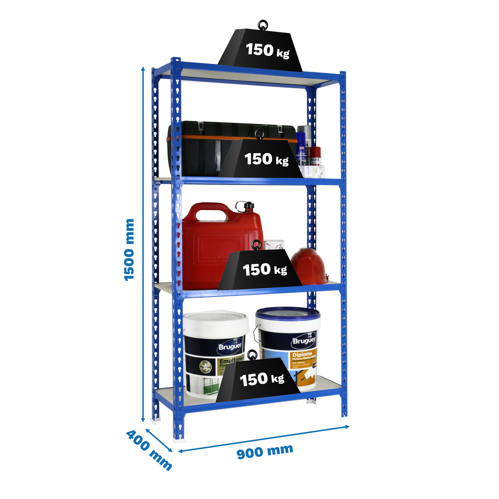 Rayonnage bois-métal léger sans vis 1500x900x400 - 4 niveaux Bleu/Bois - SIMON RACK - 8435104961063