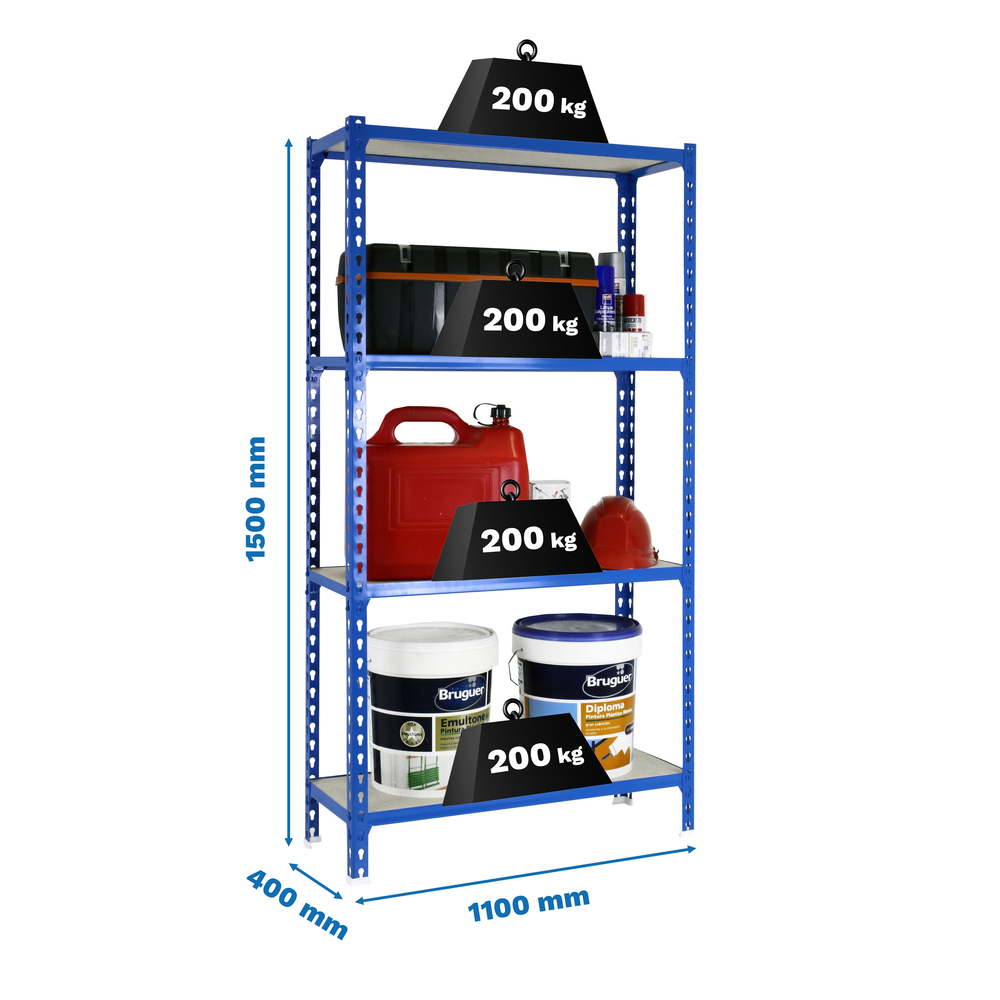 Rayonnage bois-métal léger sans vis 1500x1100x400 - 4 niveaux Bleu/Bois - SIMON RACK - 8435104961148