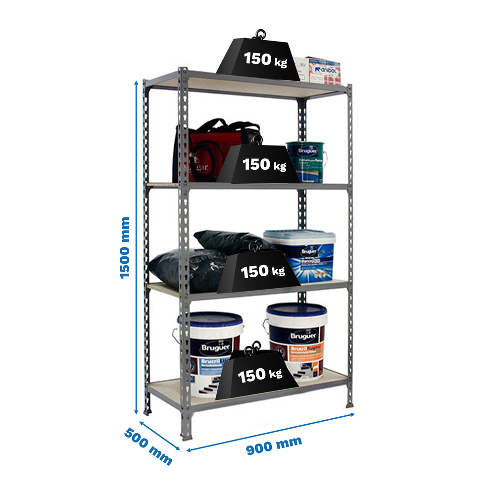 Rayonnage bois-métal léger sans vis 1500x900x500 - 4 niveaux Gris/Bois - SIMON RACK - 8435104961216