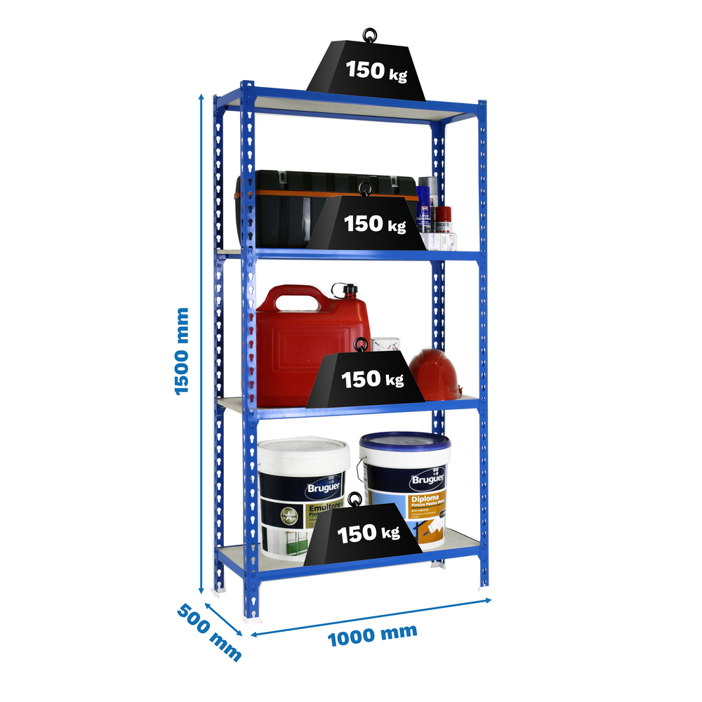 Rayonnage bois-métal léger sans vis 1500x1000x500 - 4 niveaux Bleu/Bois - SIMON RACK - 8435104961261