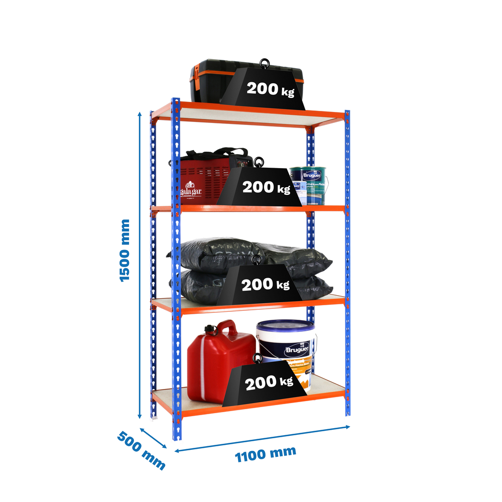 Rayonnage bois-métal léger sans vis 1500x1100x500 - 4 niveaux Bleu/Orange/Bois - SIMON RACK - 8435104961315