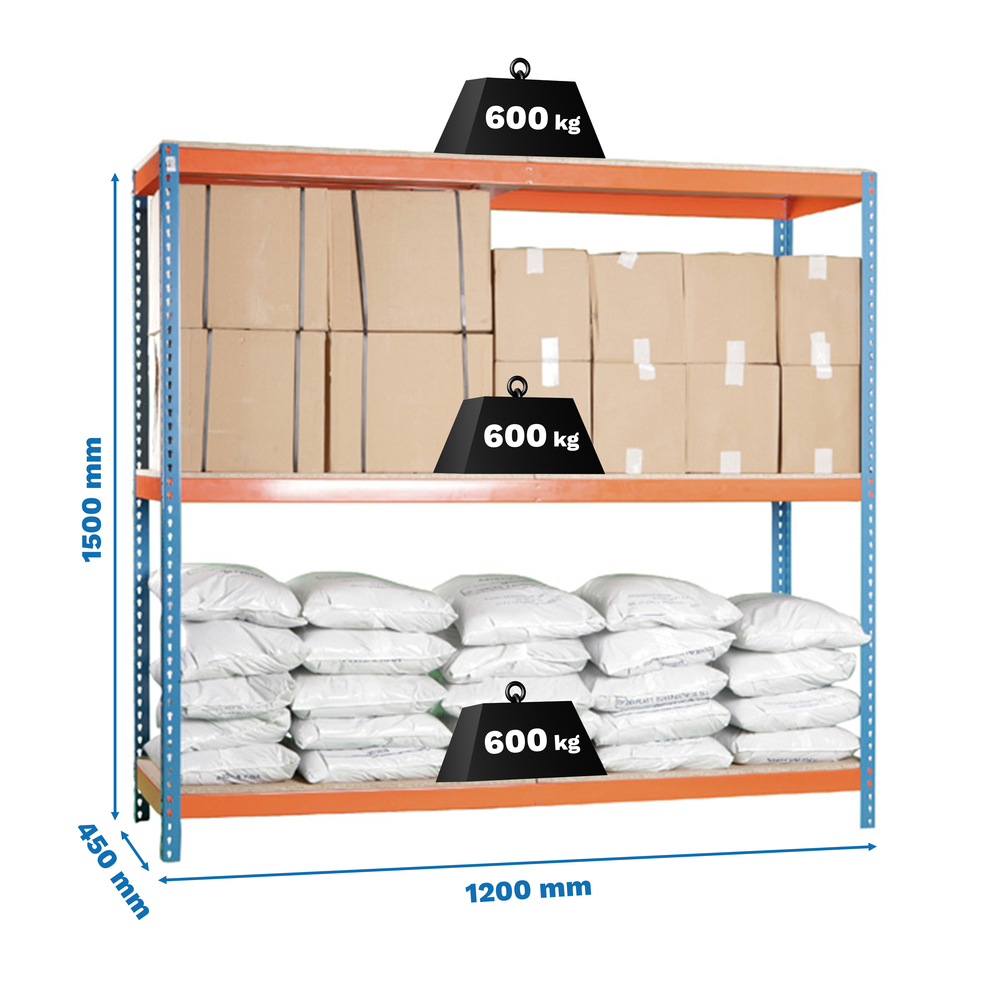 Étagère charge moyenne 500 à 600kg - 1500x1200x450 - 3 niveaux Bleu/Orange/Bois - SIMON RACK - 8435104961339