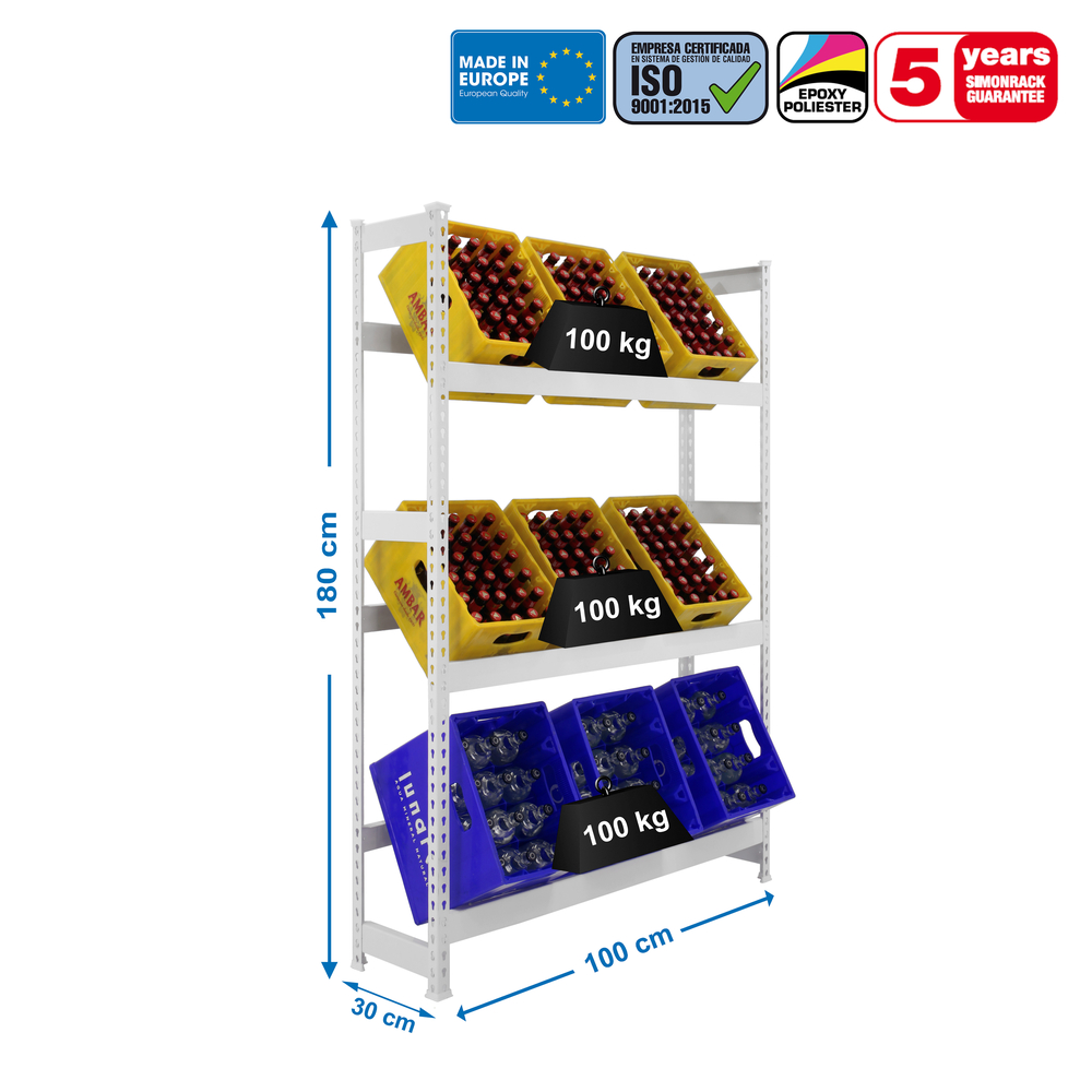Rayonnage léger tri de bouteille sans vis 1800x1000x300 - 3 niveaux Blanc - SIMON RACK - 8435104962565