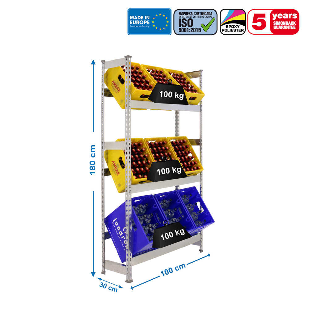 Rayonnage léger tri de bouteille sans vis 1800x1000x300 - 3 niveaux Galvanisé - SIMON RACK - 8435104962664