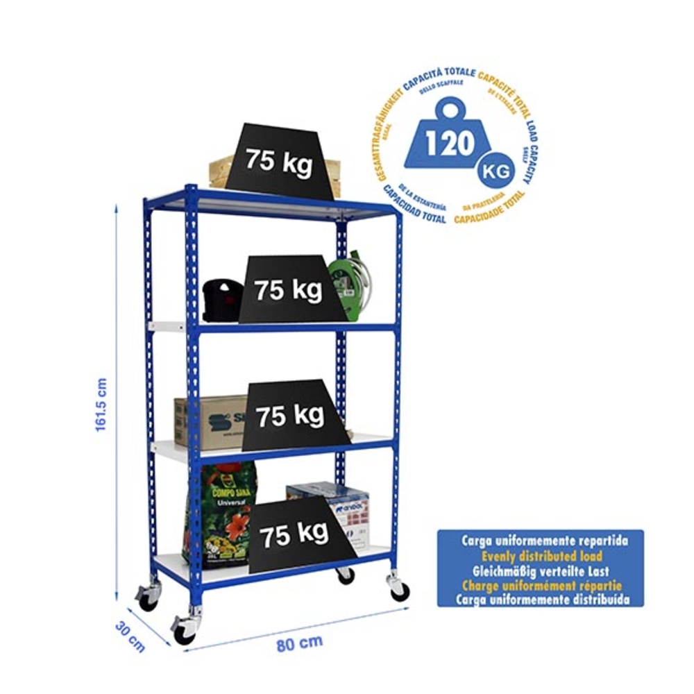 Rayonnage mobile métallique léger sans vis 1575x800x300 - 4 niveaux Bleu/Blanc - SIMON RACK - 8435104962848