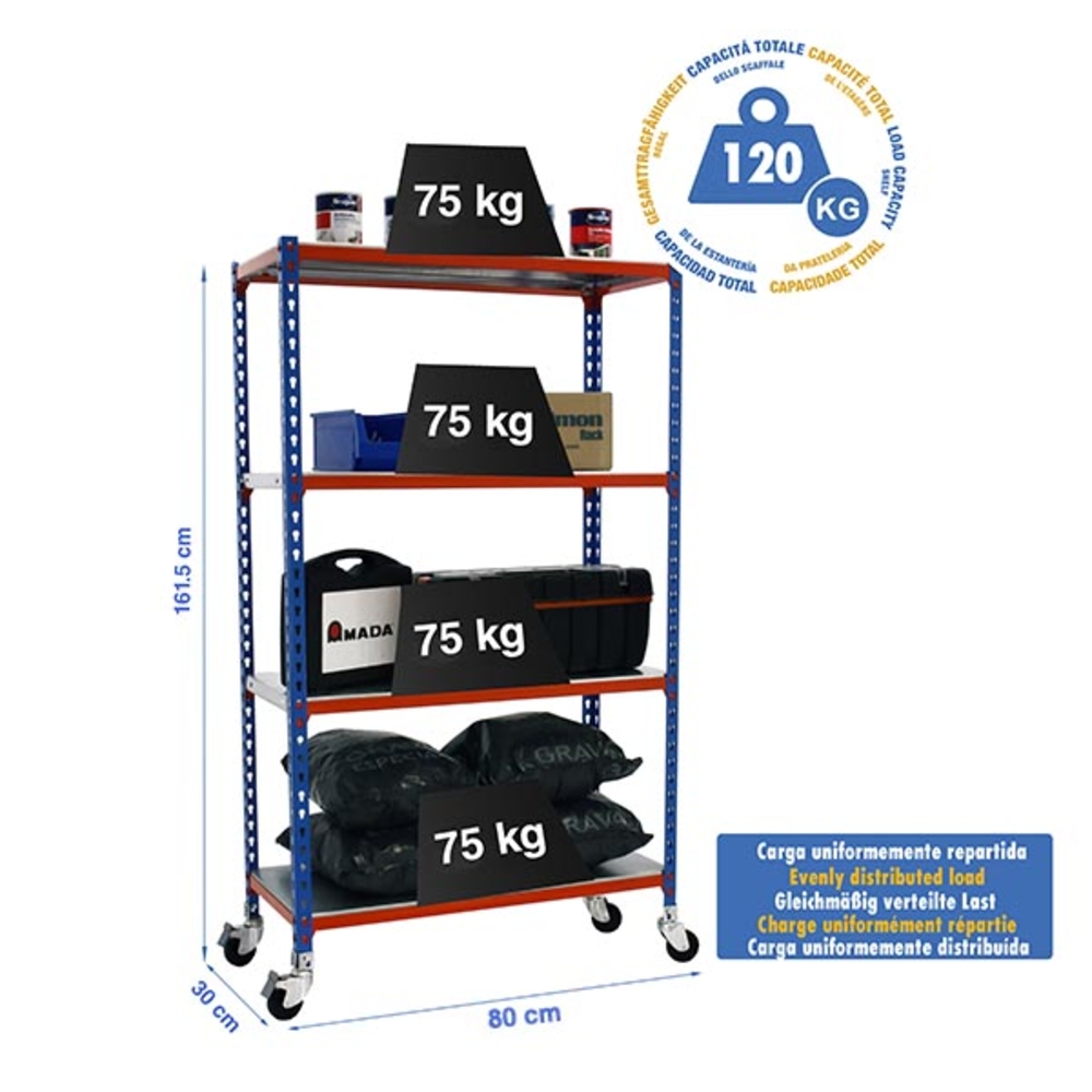 Rayonnage mobile métallique léger sans vis 1575x800x300 - 4 niveaux Bleu/Orange/Galvanisé - SIMON RACK - 8435104962855