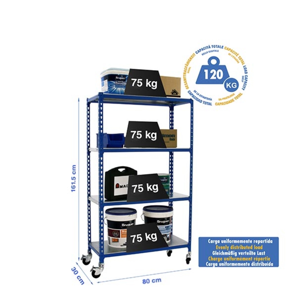 Rayonnage mobile métallique léger sans vis 1575x800x300 - 4 niveaux Bleu - SIMON RACK - 8435104962862