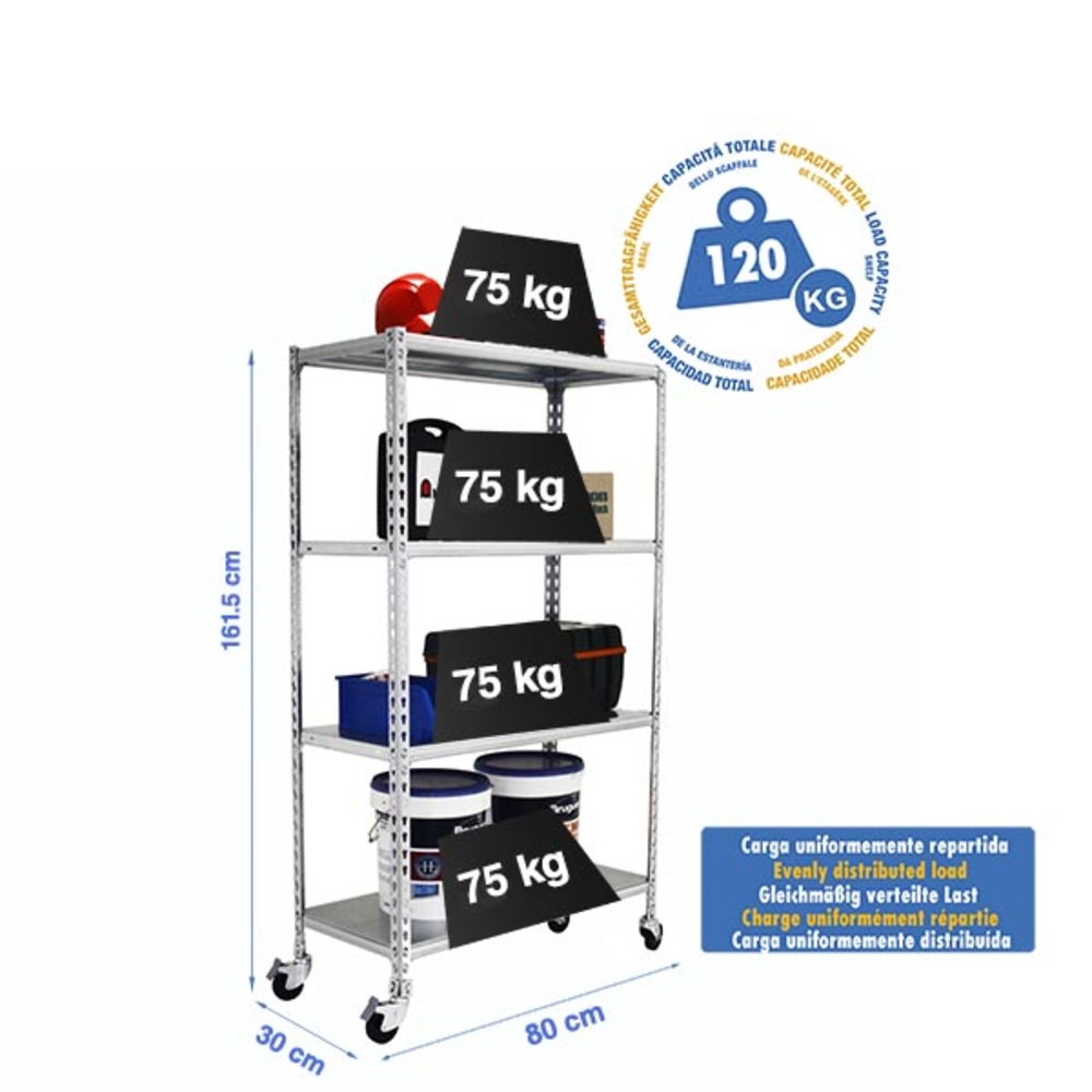 Rayonnage mobile métallique léger sans vis 1575x800x300 - 4 niveaux Galvanisé - SIMON RACK - 8435104962879