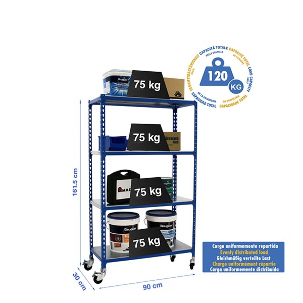 Rayonnage mobile métallique léger sans vis 1575x900x300 - 4 niveaux Bleu - SIMON RACK - 8435104962909