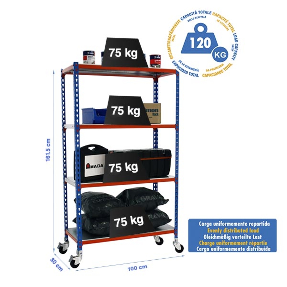 Rayonnage mobile métallique léger sans vis 1575x1000x300 - 4 niveaux Bleu/Orange/Galvanisé - SIMON RACK - 8435104962930