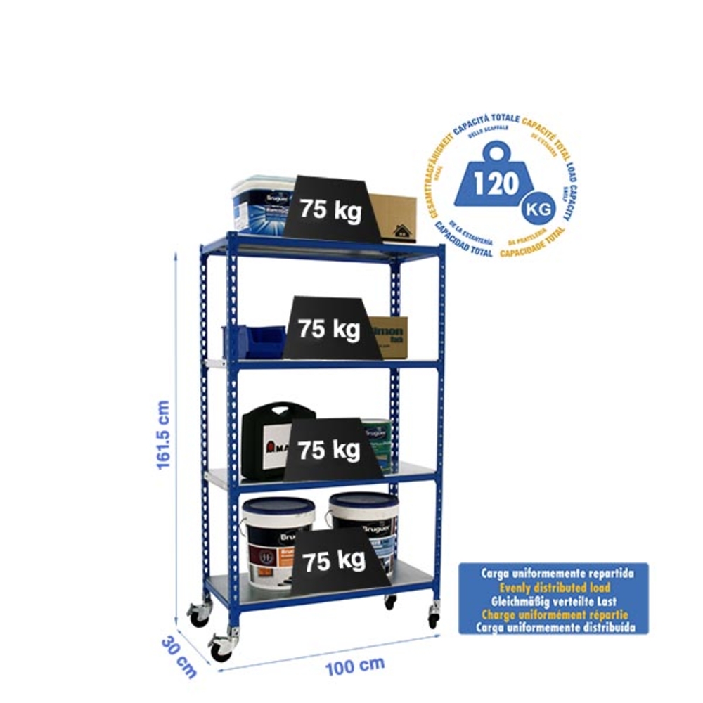 Rayonnage mobile métallique léger sans vis 1575x1000x300 - 4 niveaux Bleu - SIMON RACK - 8435104962947