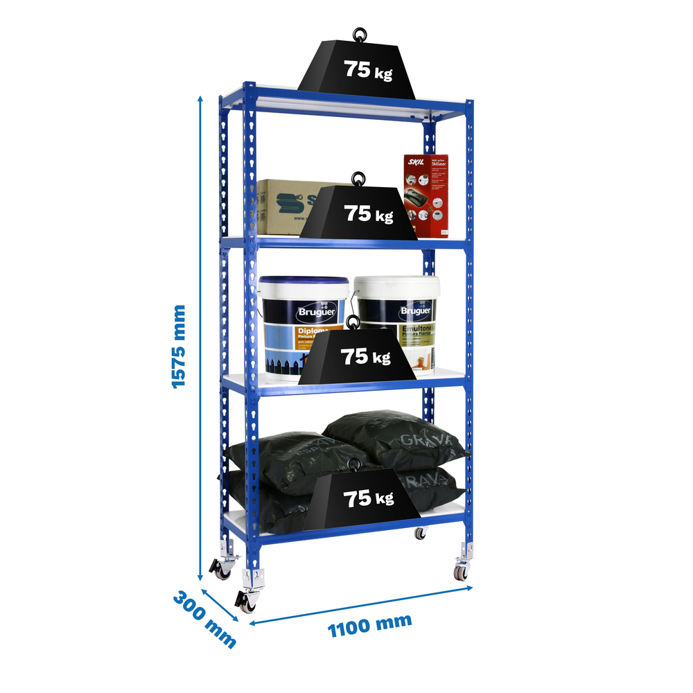 Rayonnage mobile métallique léger sans vis 1575x1100x300 - 4 niveaux Bleu/Blanc - SIMON RACK - 8435104962961