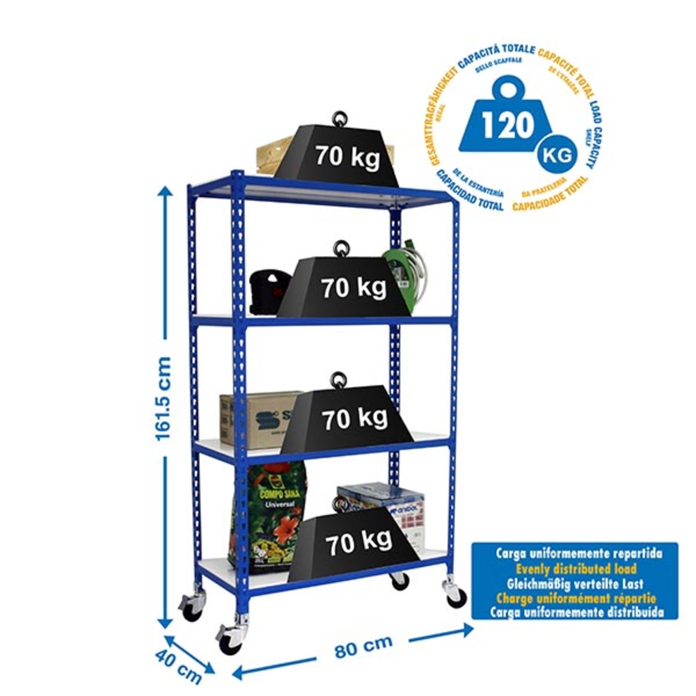 Rayonnage mobile métallique léger sans vis 1575x800x400 - 4 niveaux Bleu/Blanc - SIMON RACK - 8435104963005