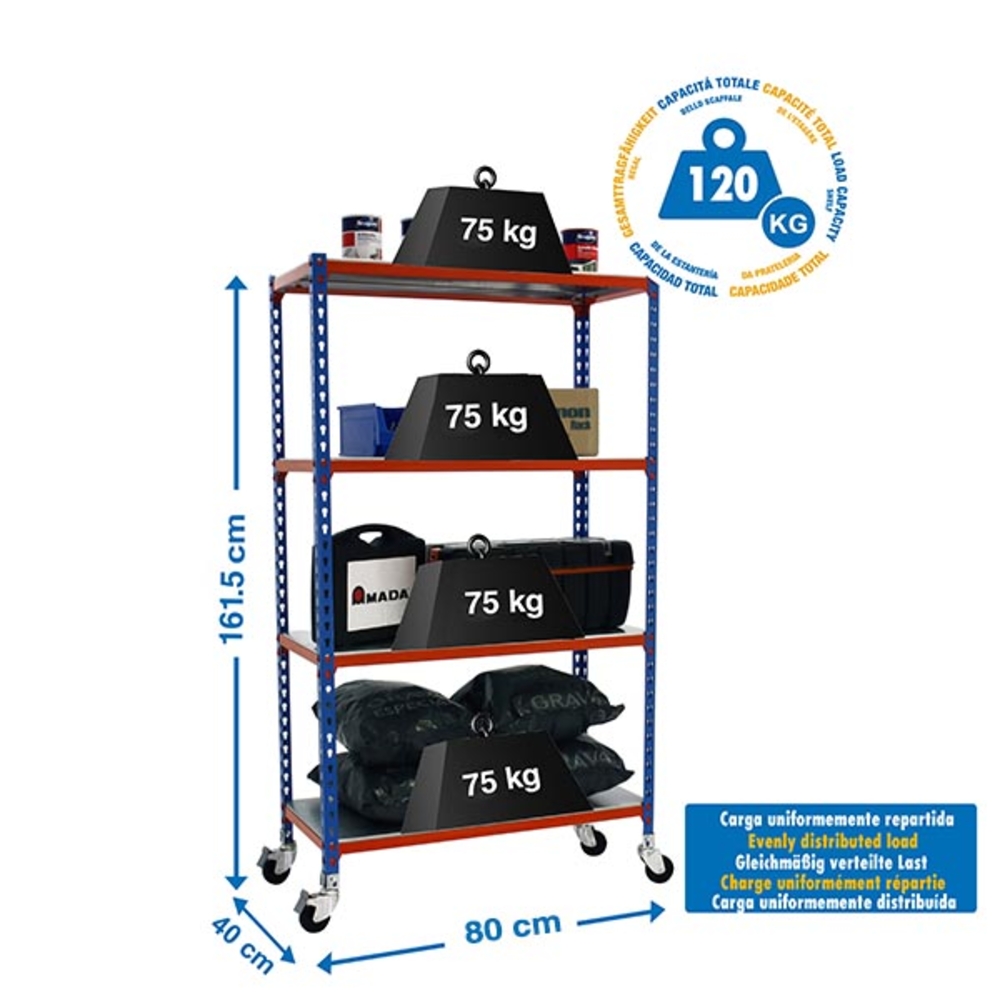 Rayonnage mobile métallique léger sans vis 1575x800x400 - 4 niveaux Bleu/Orange/Galvanisé - SIMON RACK - 8435104963012