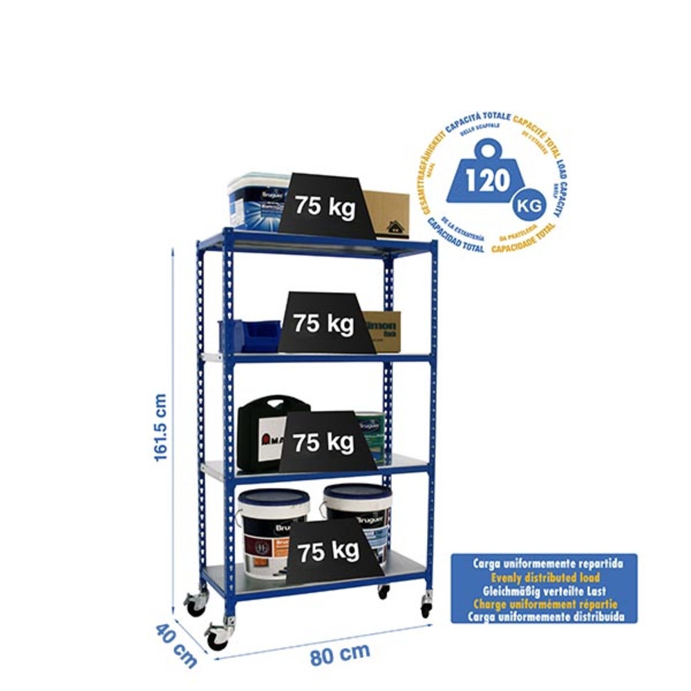Rayonnage mobile métallique léger sans vis 1575x800x400 - 4 niveaux Bleu - SIMON RACK - 8435104963029