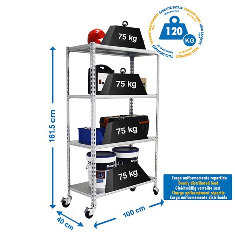 Rayonnage mobile métallique léger sans vis 1575x900x400 - 4 niveaux Galvanisé - SIMON RACK - 8435104963074