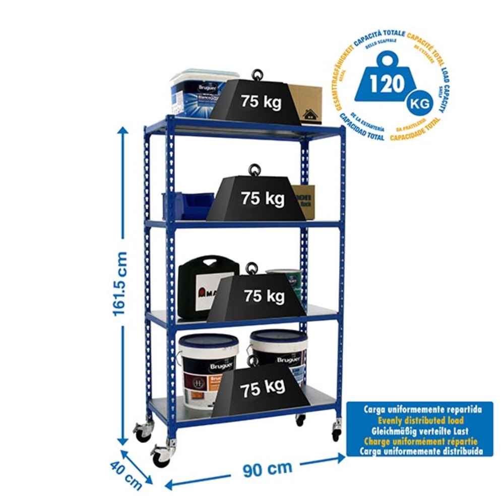 Rayonnage mobile métallique léger sans vis 1575x1000x400 - 4 niveaux Bleu - SIMON RACK - 8435104963104