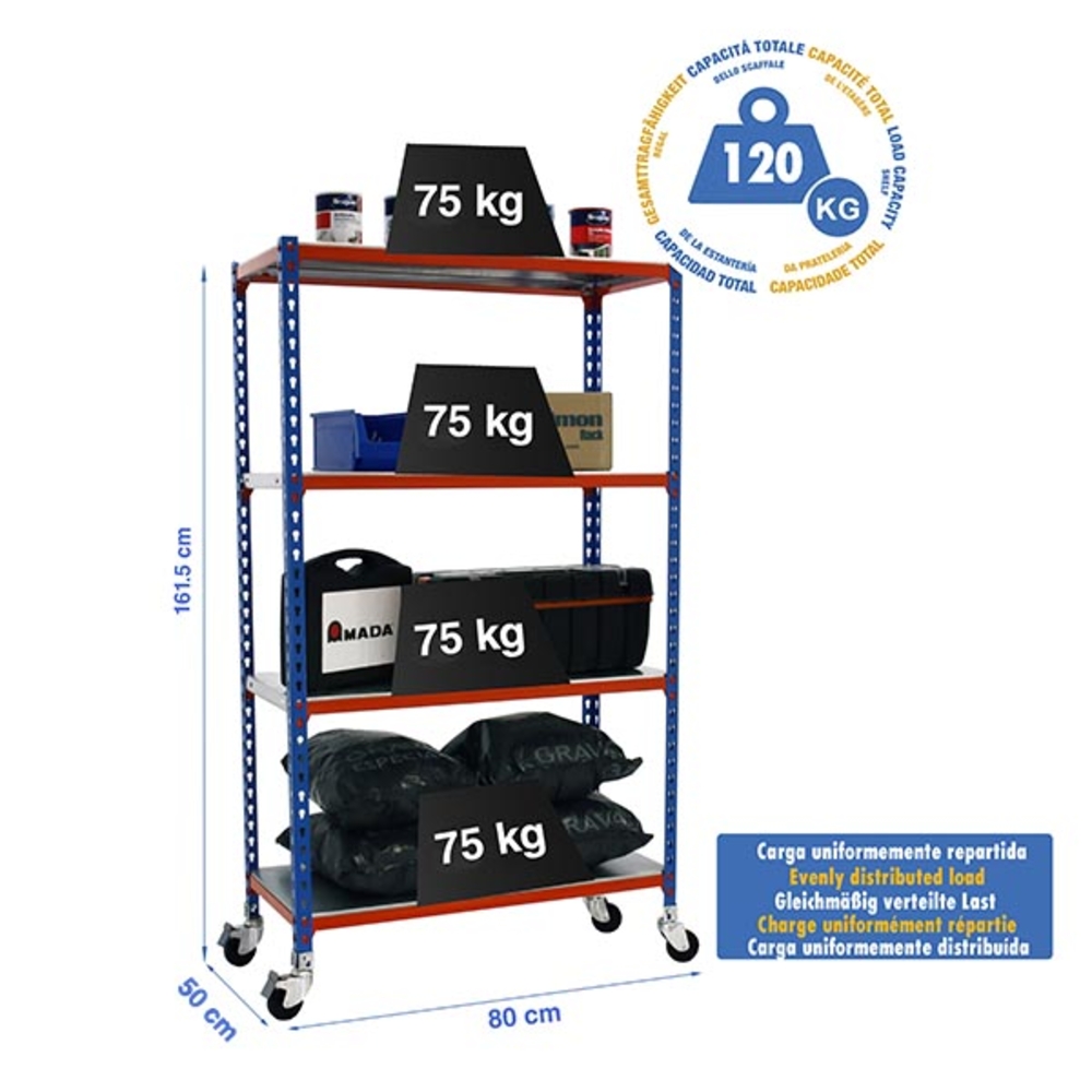 Rayonnage mobile métallique léger sans vis 1575x800x500 - 4 niveaux Bleu/Orange/Galvanisé - SIMON RACK - 8435104963173