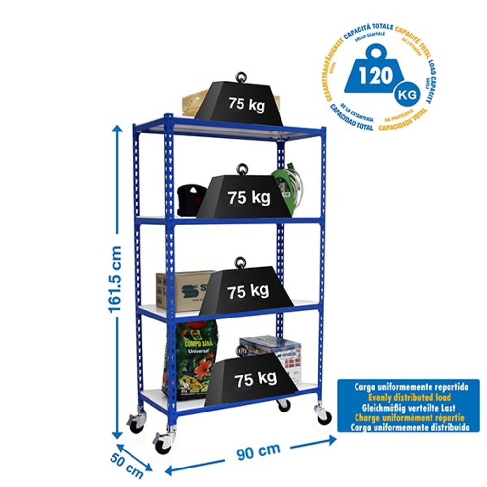 Rayonnage mobile métallique léger sans vis 1575x900x500 - 4 niveaux Bleu/Blanc - SIMON RACK - 8435104963203