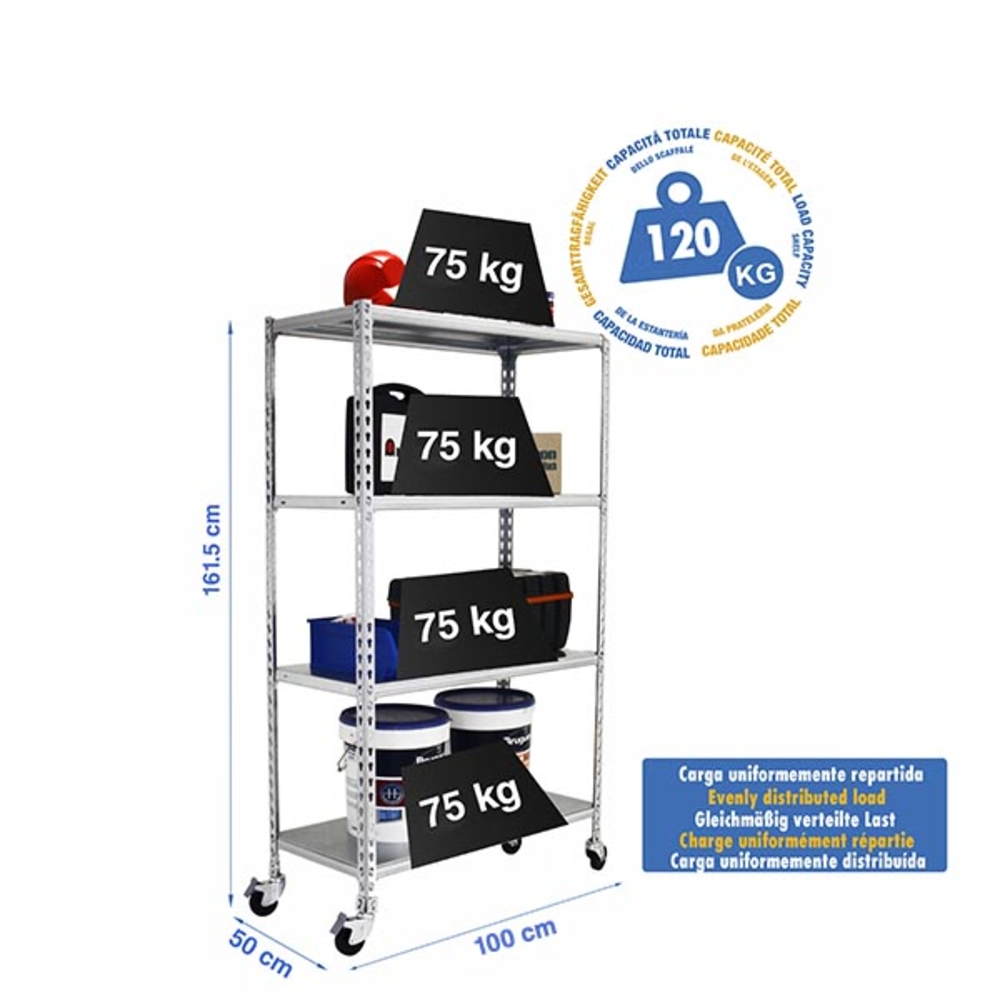 Rayonnage mobile métallique léger sans vis 1575x1000x500 - 4 niveaux Galvanisé - SIMON RACK - 8435104963272