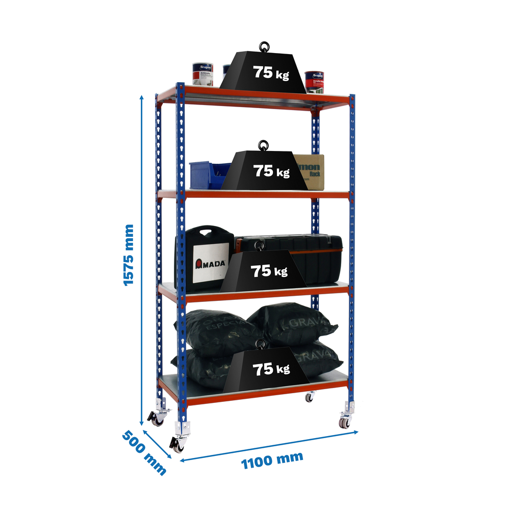 Rayonnage mobile métallique léger sans vis 1575x1100x500 - 4 niveaux Bleu/Orange - SIMON RACK - 8435104963296