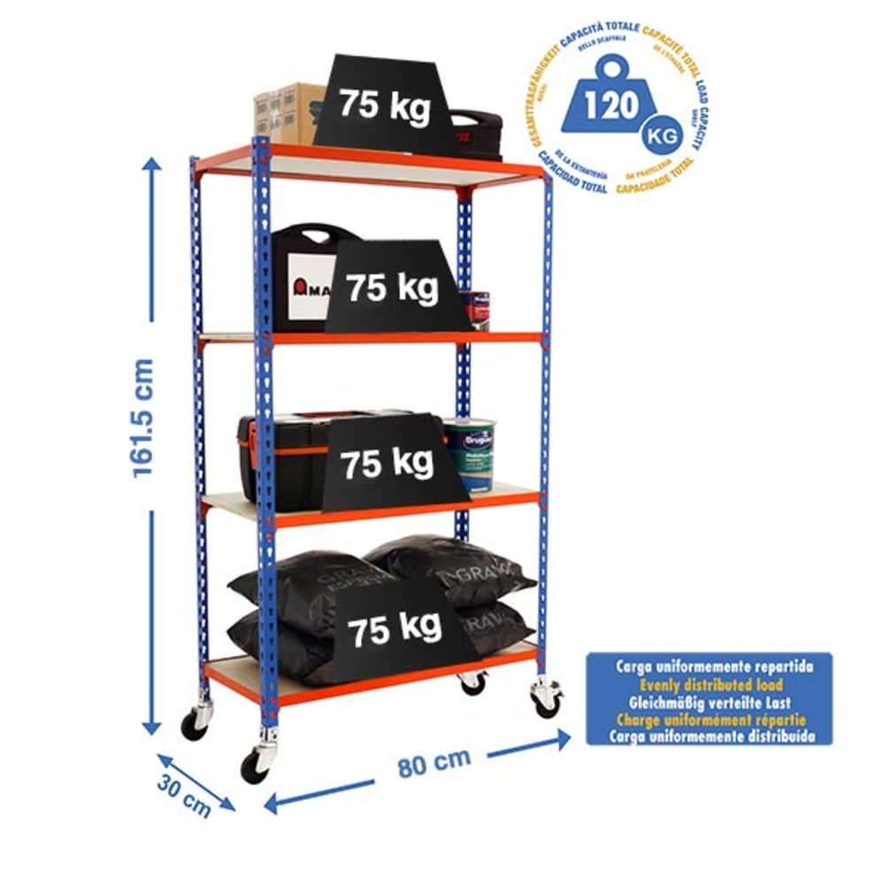 Rayonnage mobile bois-métal léger sans vis 1575x800x300 - 4 niveaux Bleu/Orange/Bois - SIMON RACK - 8435104963340