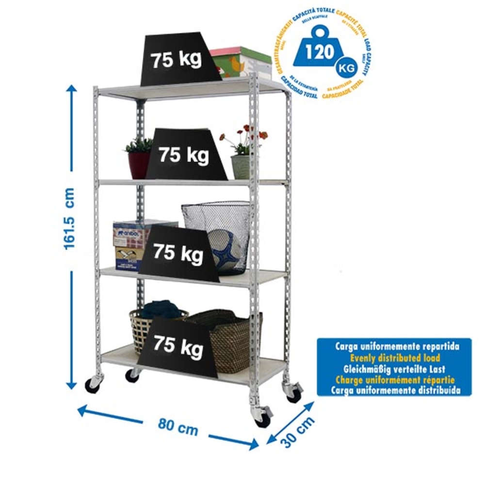 Rayonnage mobile bois-métal léger sans vis 1575x800x300 - 4 niveaux Bois - SIMON RACK - 8435104963357