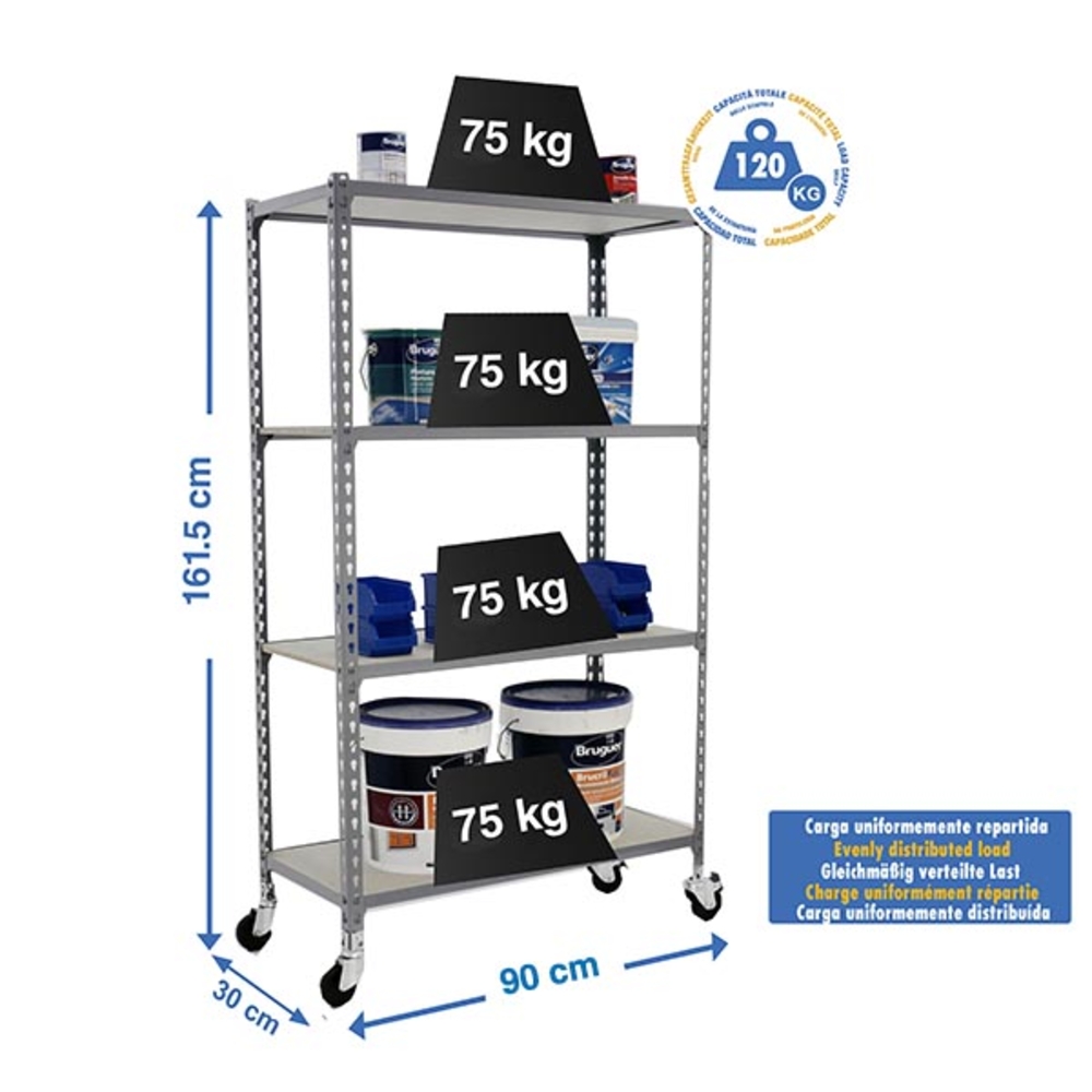 Rayonnage mobile bois-métal léger sans vis 1575x900x300 - 4 niveaux Gris/Bois - SIMON RACK - 8435104963364