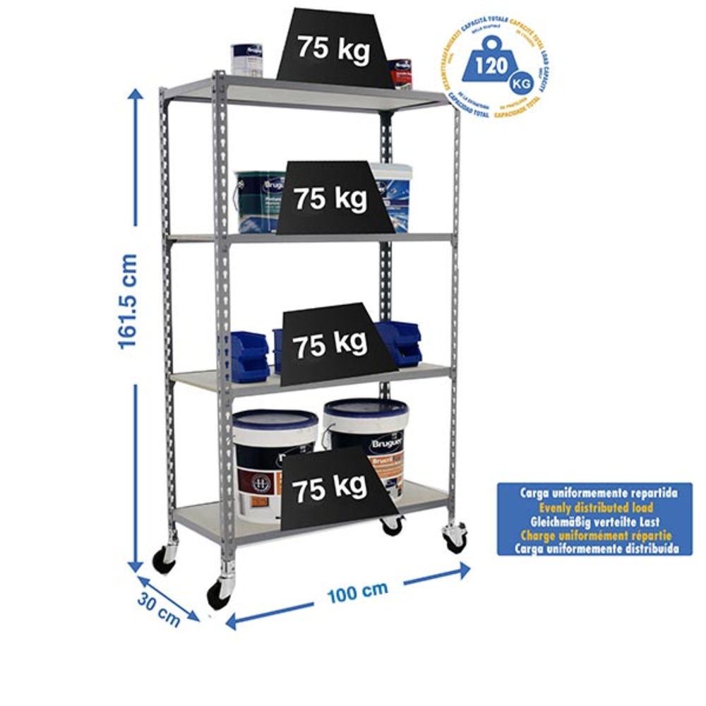 Rayonnage mobile bois-métal léger sans vis 1575x1000x300 - 4 niveaux Gris/Bois - SIMON RACK - 8435104963401