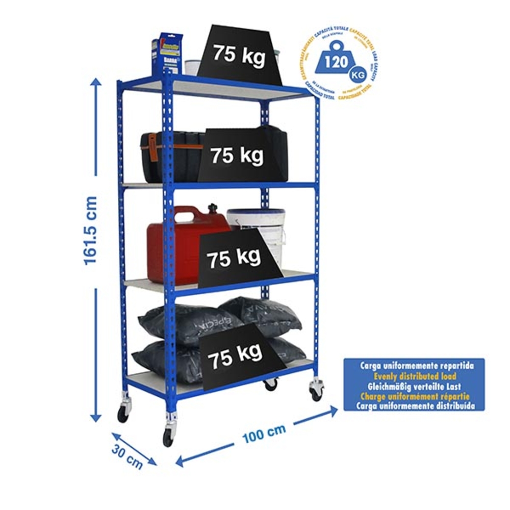 Rayonnage mobile bois-métal léger sans vis 1575x1000x300 - 4 niveaux Bleu/Bois - SIMON RACK - 8435104963418