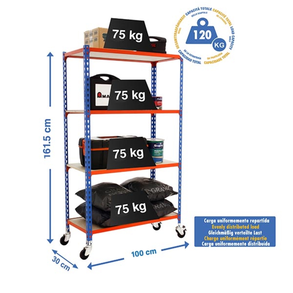 Rayonnage mobile bois-métal léger sans vis 1575x1000x300 - 4 niveaux Bleu/Orange/Bois - SIMON RACK - 8435104963425