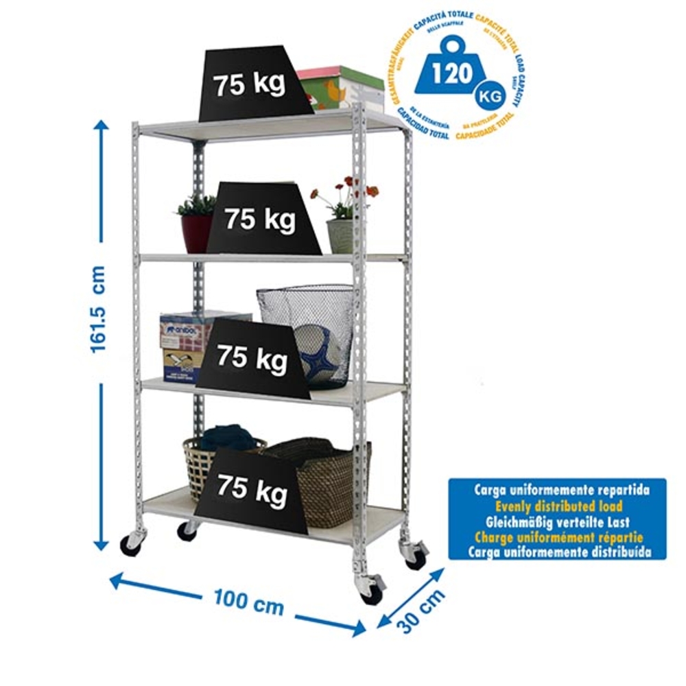 Rayonnage mobile bois-métal léger sans vis 1575x1000x300 - 4 niveaux Bois - SIMON RACK - 8435104963432
