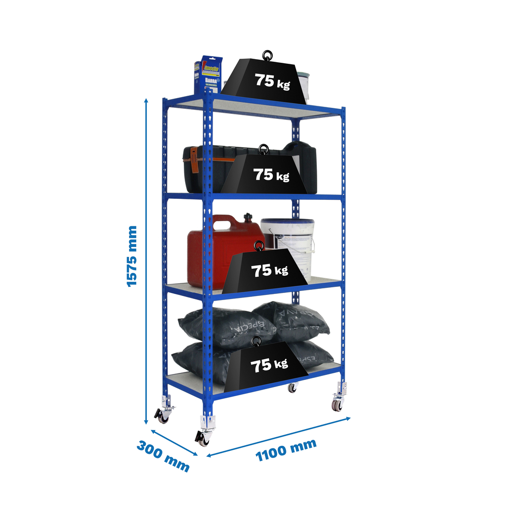 Rayonnage mobile bois-métal léger sans vis 1575x1100x300 - 4 niveaux Bleu - SIMON RACK - 8435104963456