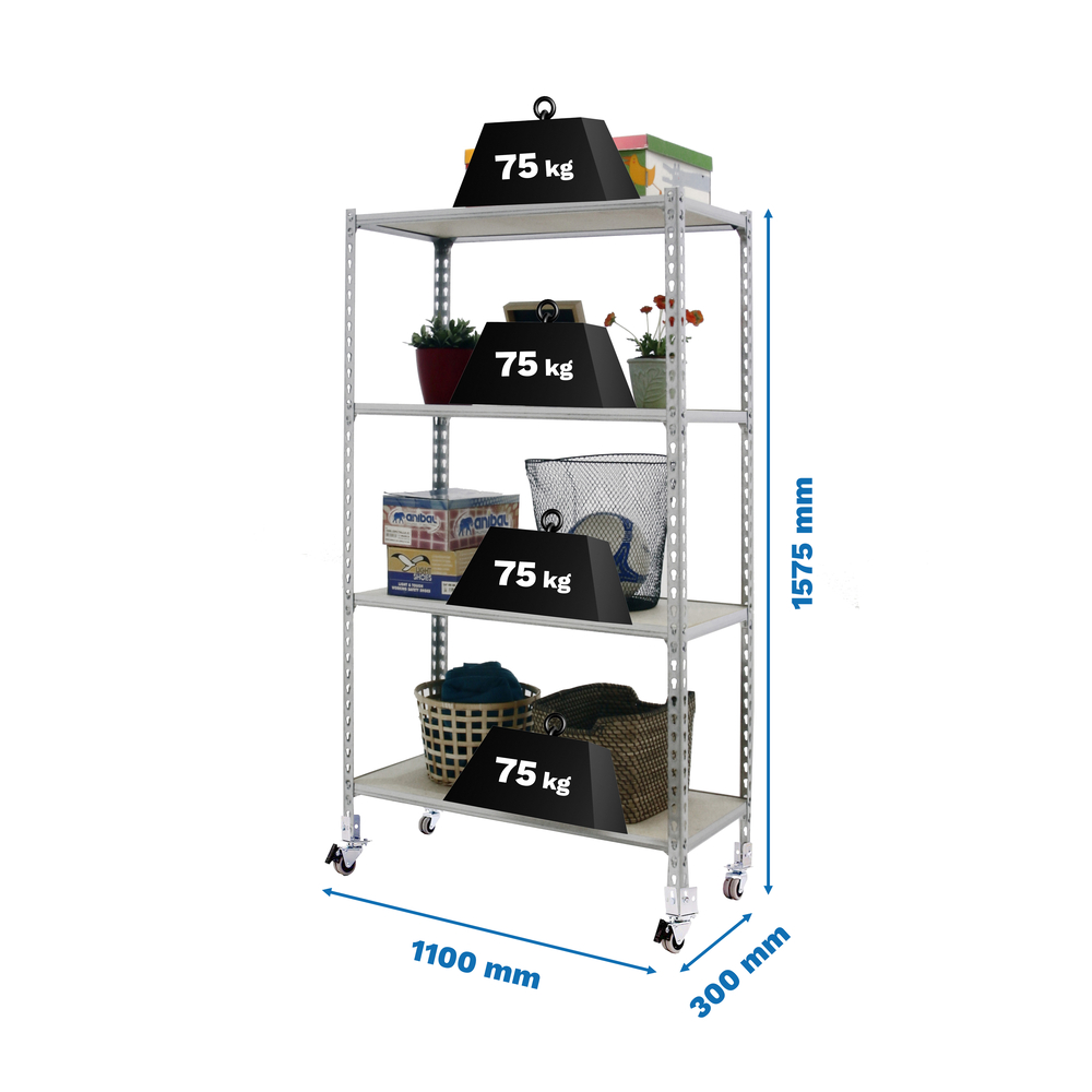 Rayonnage mobile bois-métal léger sans vis 1575x1100x300 - 4 niveaux Galvanisé/Bois - SIMON RACK - 8435104963470