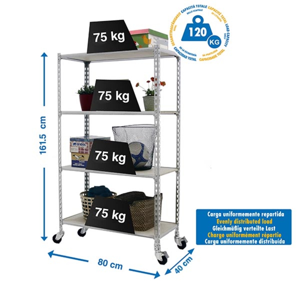 Rayonnage mobile bois-métal léger sans vis 1575x800x400 - 4 niveaux Bois - SIMON RACK - 8435104963517
