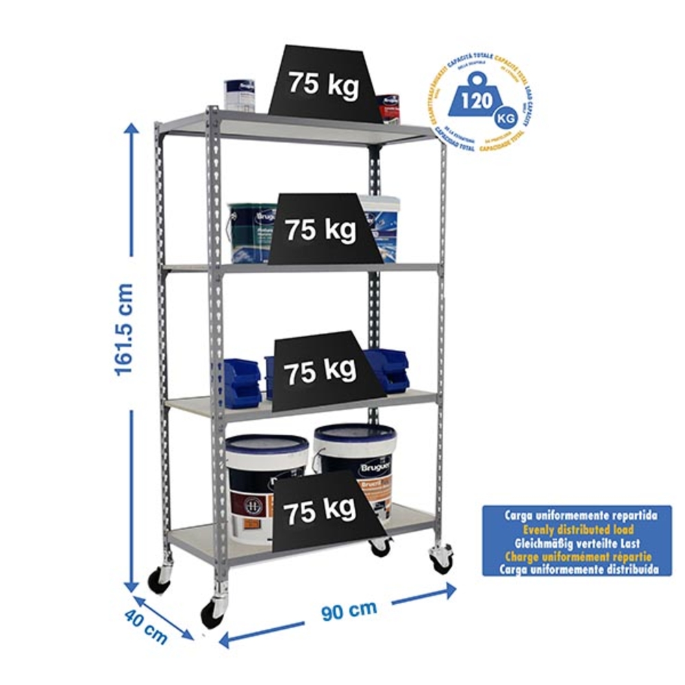 Rayonnage mobile bois-métal léger sans vis 1575x900x400 - 4 niveaux Gris/Bois - SIMON RACK - 8435104963524