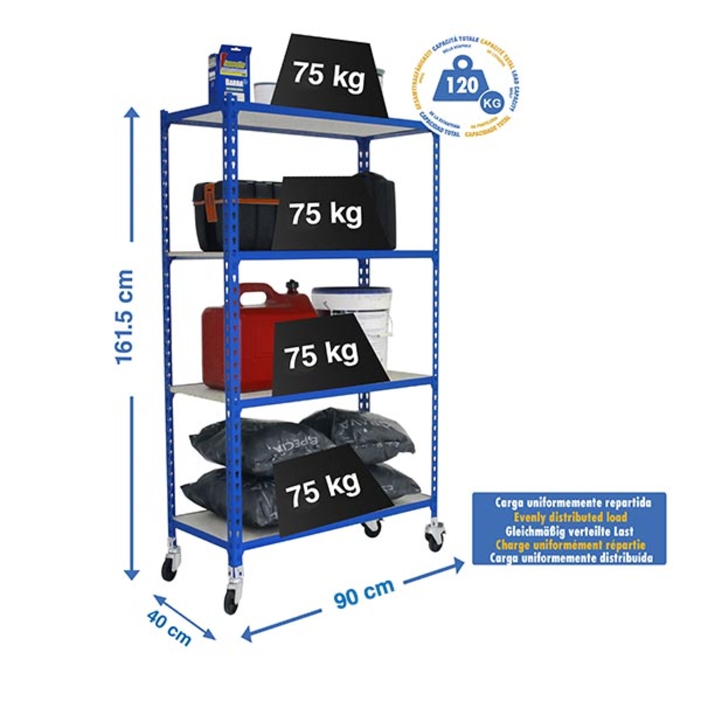 Rayonnage mobile bois-métal léger sans vis 1575x900x400 - 4 niveaux Bleu/Bois - SIMON RACK - 8435104963531