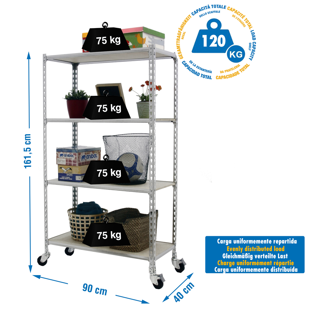 Rayonnage mobile bois-métal léger sans vis 1575x900x400 - 4 niveaux Bois - SIMON RACK - 8435104963555