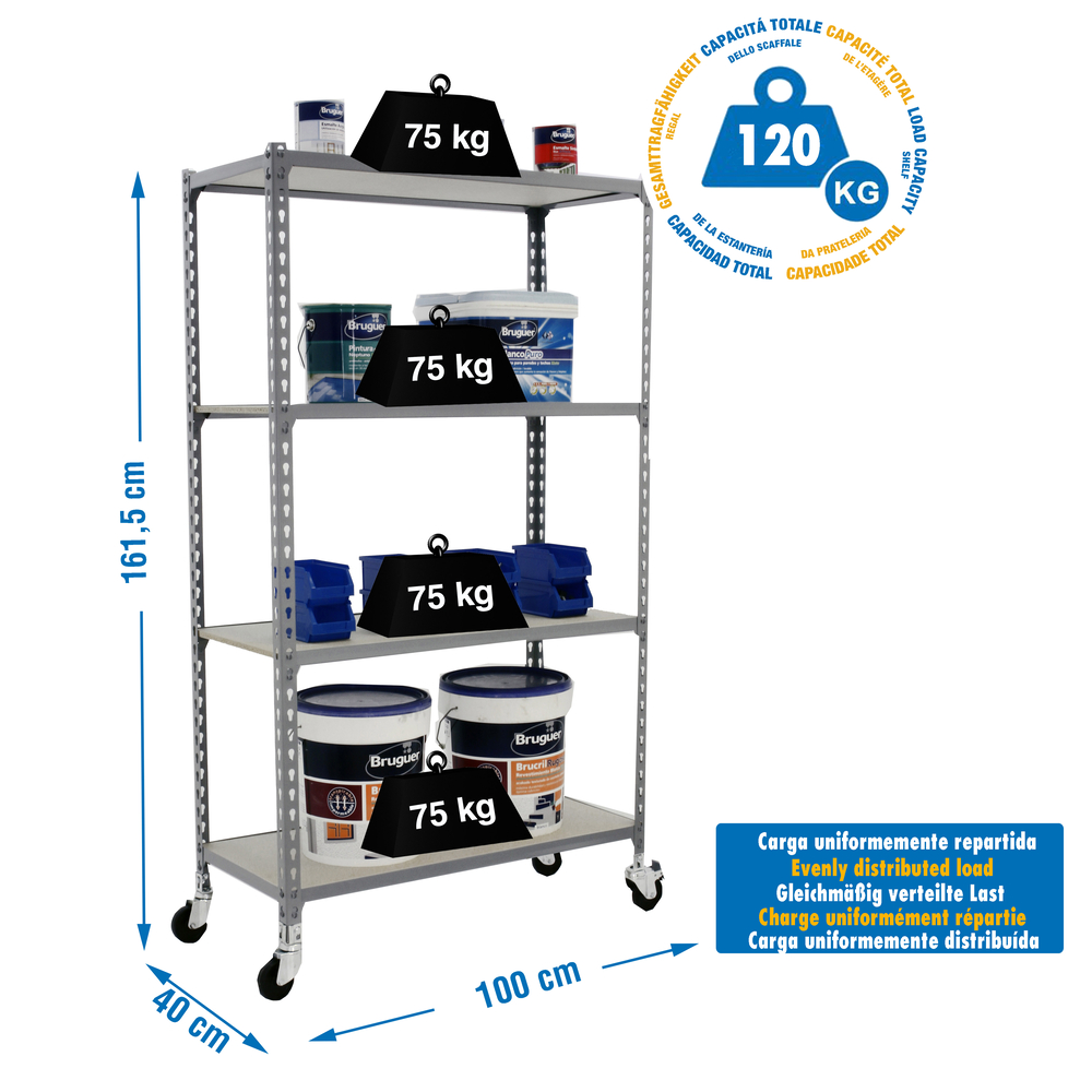 Rayonnage mobile bois-métal léger sans vis 1575x1000x400 - 4 niveaux Gris/Bois - SIMON RACK - 8435104963562