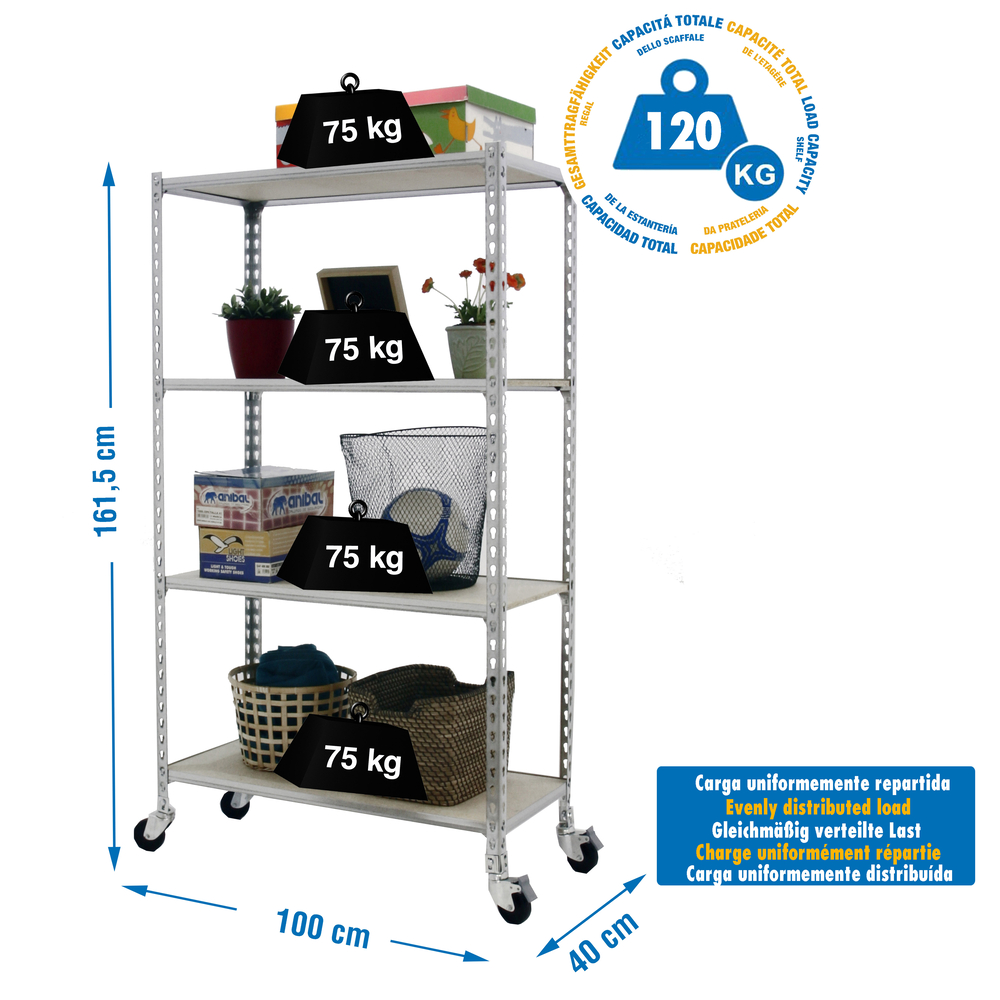 Rayonnage mobile bois-métal léger sans vis 1575x1000x400 - 4 niveaux Bois - SIMON RACK - 8435104963593