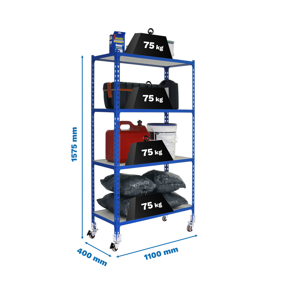 Rayonnage mobile bois-métal léger sans vis 1575x1100x400 - 4 niveaux Bleu - SIMON RACK - 8435104963616