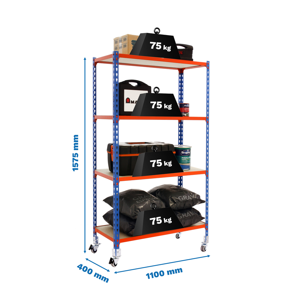 Rayonnage mobile bois-métal léger sans vis 1575x1100x400 - 4 niveaux Bleu/Orange - SIMON RACK - 8435104963623